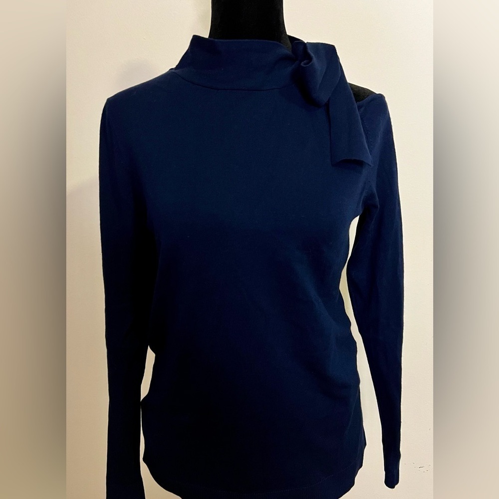 525 America Royal blue sweater  bow tie peek a boo shoulder vintage look small - Picture 2 of 7